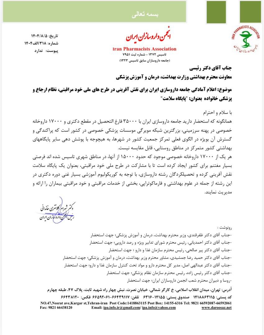 آمادگی ۱۷ هزار داروخانه برای تبدیل به پایگاه سلامت + نامه