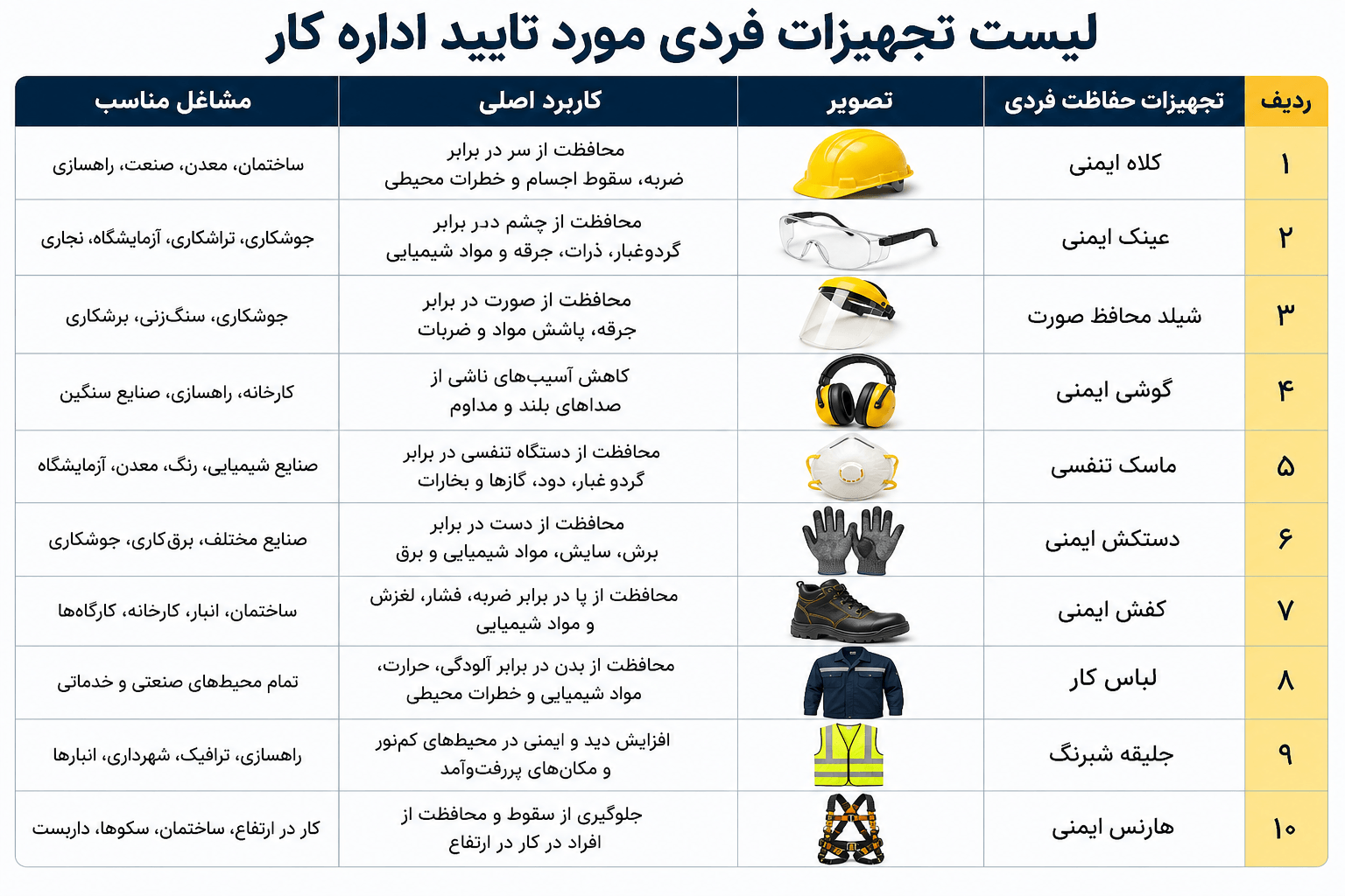 لیست تجهیزات حفاظت فردی مورد تایید اداره کار؛ راهنمای کامل انتخاب تجهیزات حفاظت فردی استان